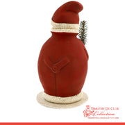 Chubby Santa Candy Container in red paper mache with cream trim and evergreen sprig accent