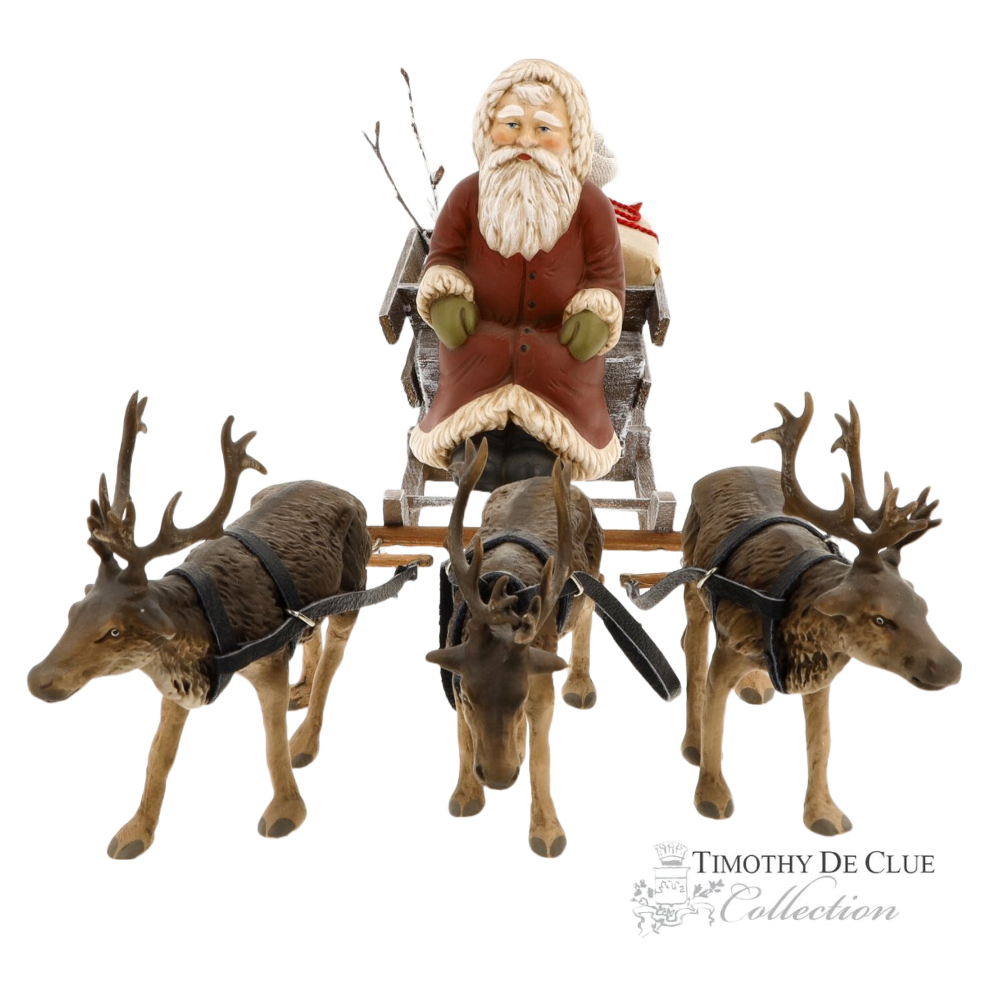  Trio Reindeer Pulling Sleigh Santa Paper Mache | Vintage German Reproduction of 19th Century Piece Timothy De Clue Christmas Collection
