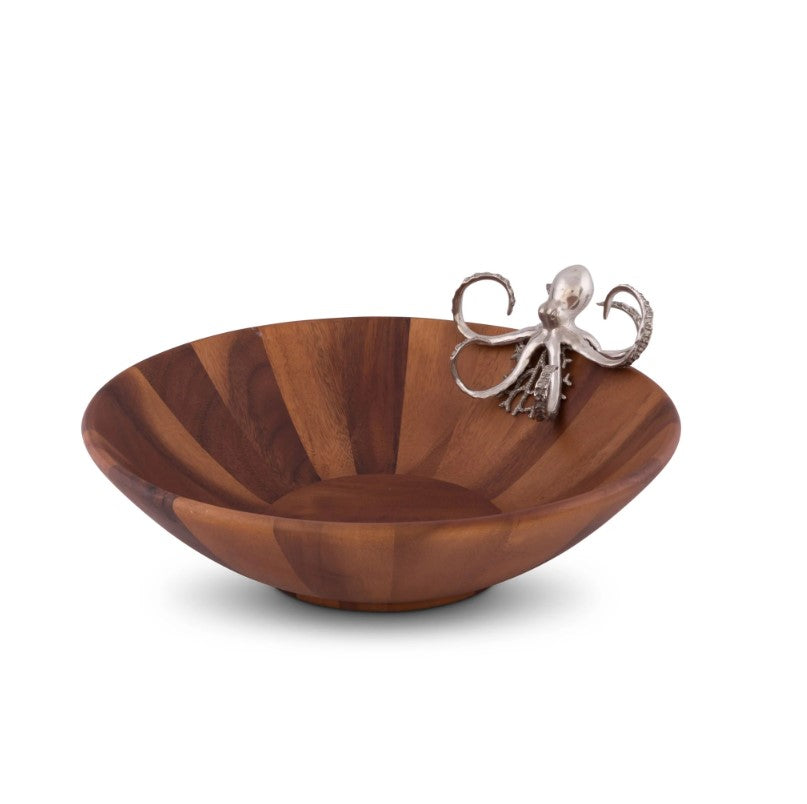 Octopus Pewter and Wood Salad Serving Bowl