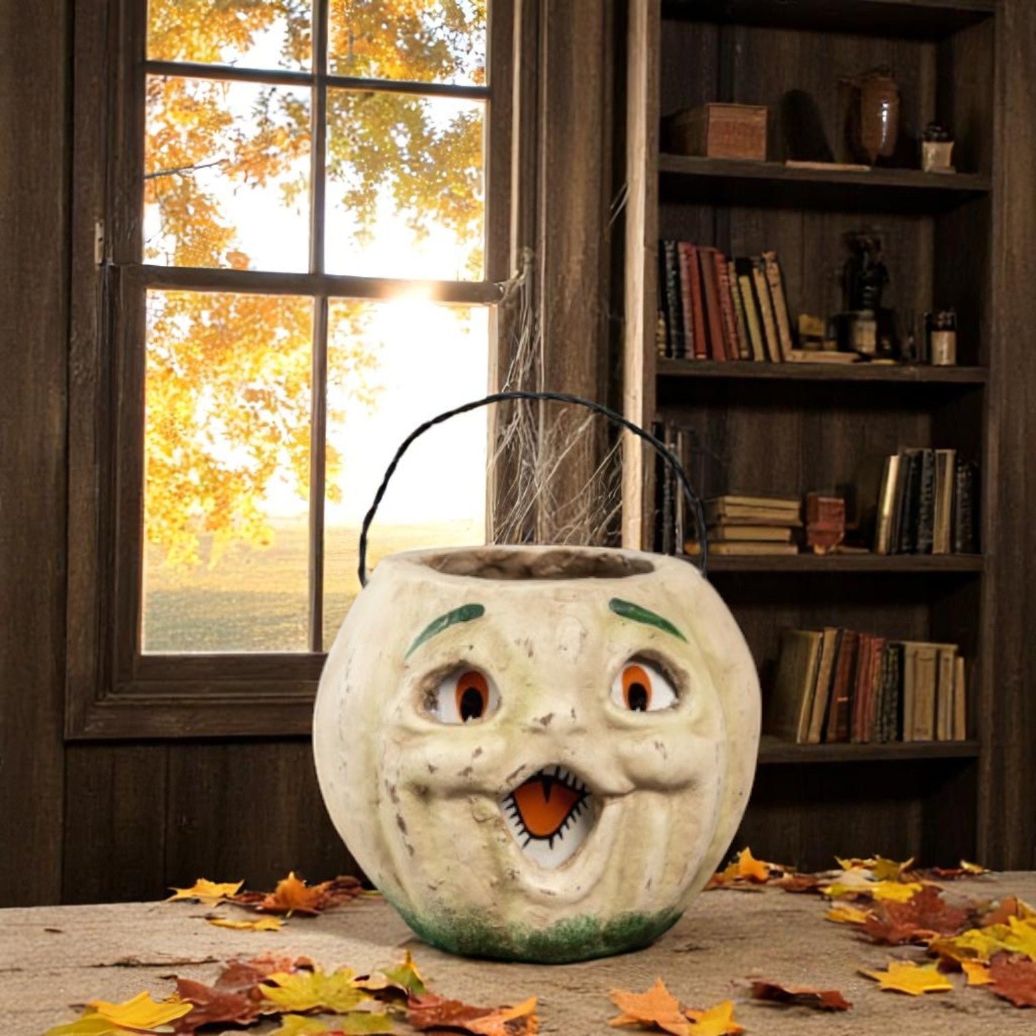 5" Mache Vintage Inspired White Pumpkin Candy Bucket | Fall Halloween Decor