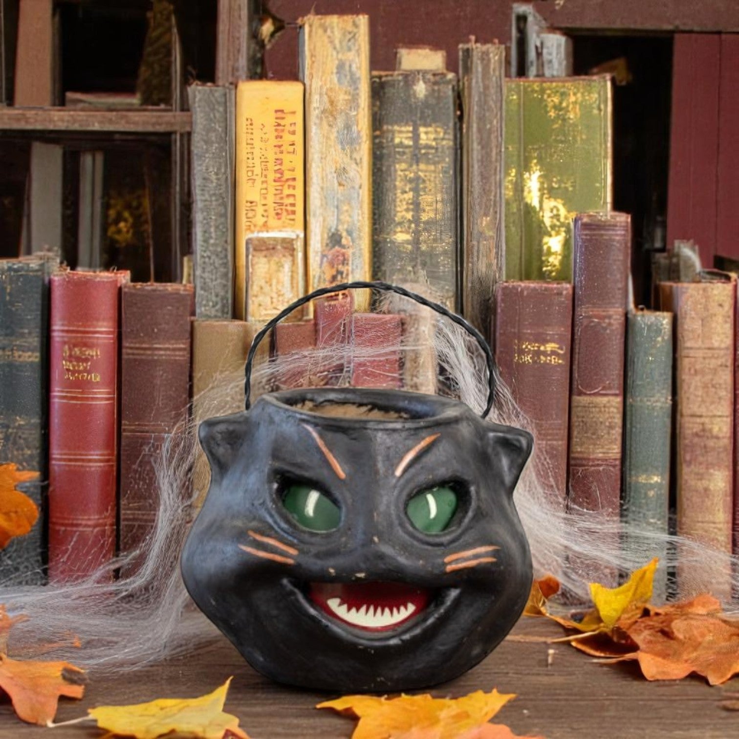 6" Mache Vintage Inspired Scaredy Black Cat Candy Bucket | Fall Halloween Decor