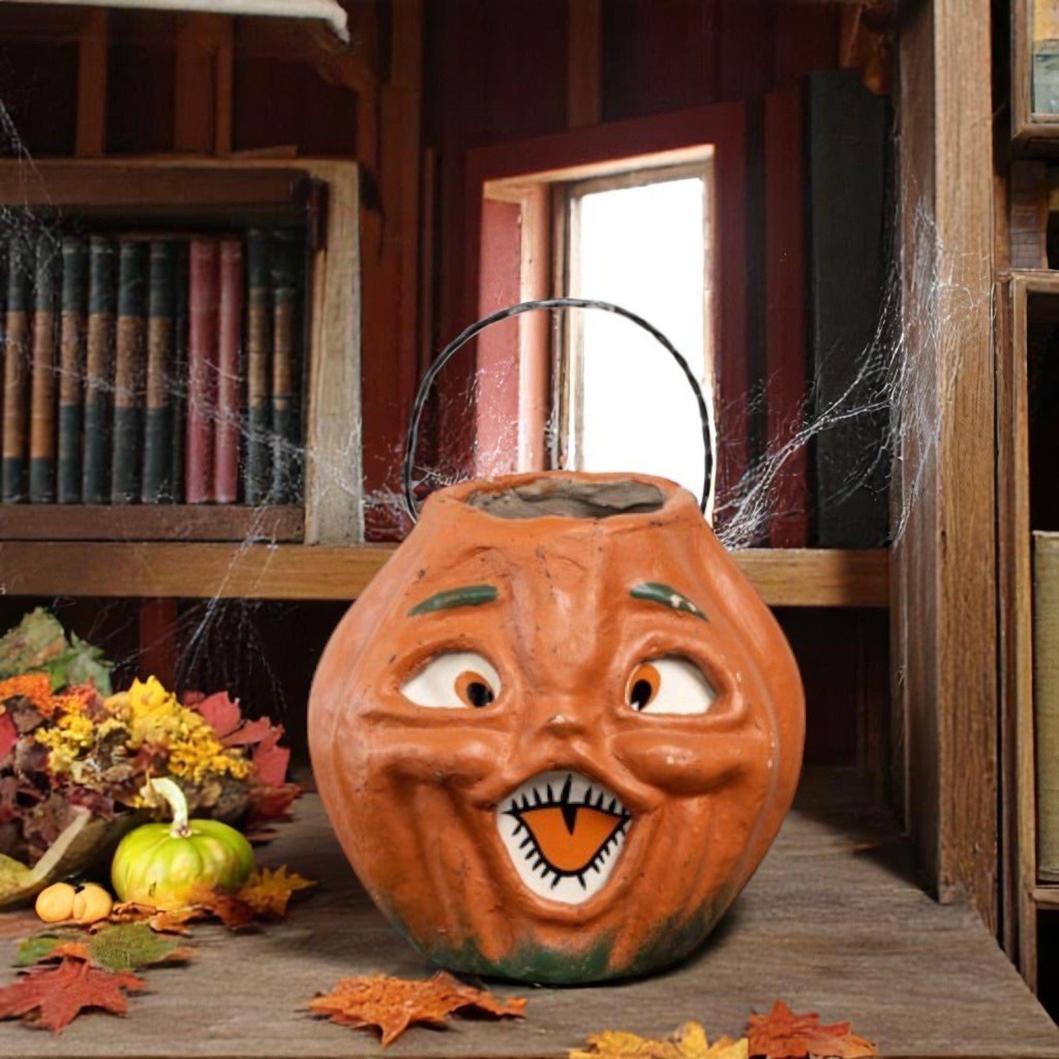 7" Mache Vintage Inspired Orange Pumpkin Candy Bucket | Fall Halloween Decor