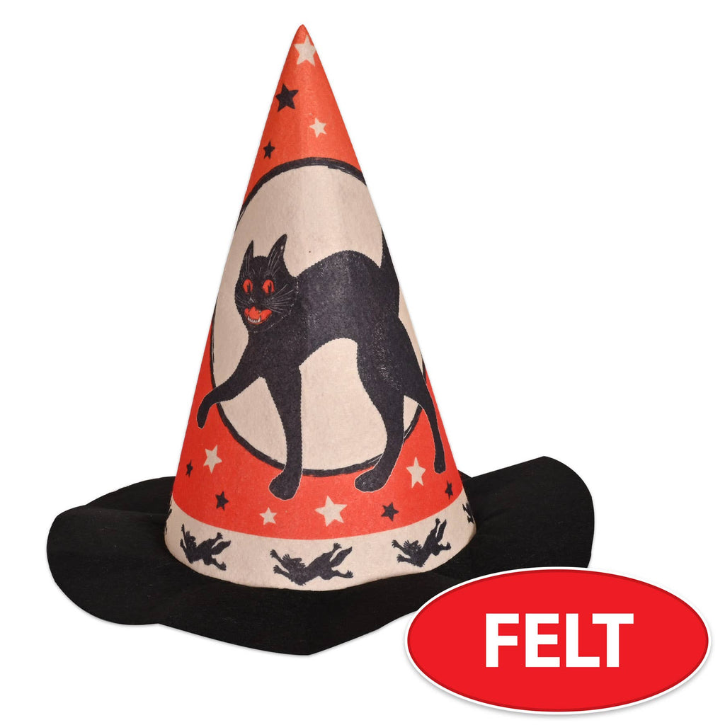 Vintage Graphic Halloween Felt Witch Hat 12.5" from base to point
