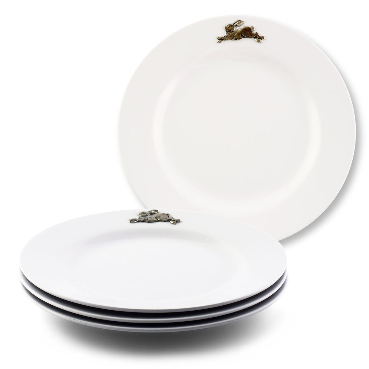Bunny Melamine Lunch Plates, set of 4 white plates stacked with brass rabbit accent.