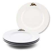 Bunny Melamine Lunch Plates, set of 4 white plates stacked with brass rabbit accent.