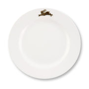 White melamine lunch plate with small bronze rabbit detail at top.