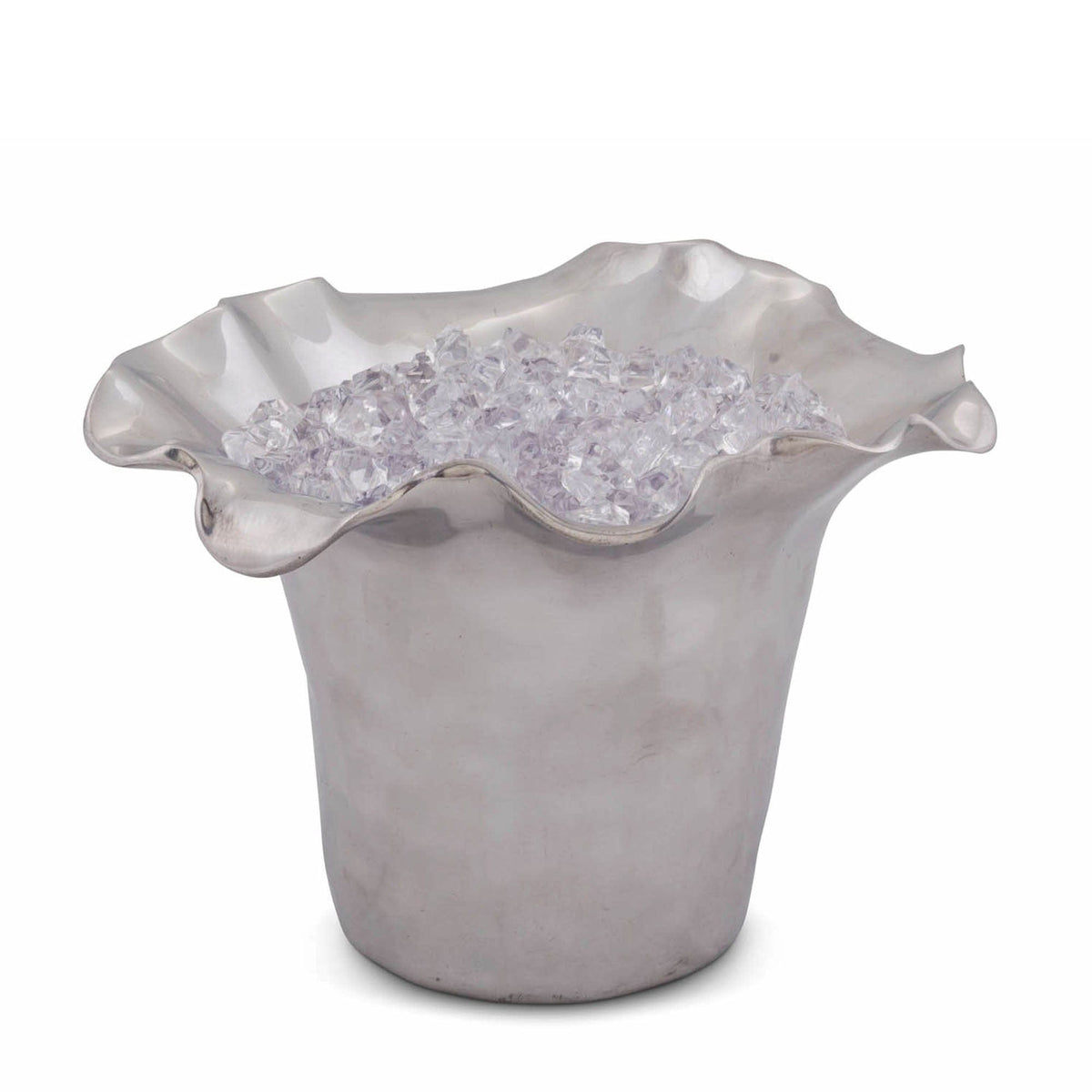 Carmel Ice Bucket filled with purple crushed ice, ceramic with ruffled rim.