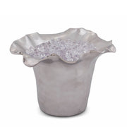 Carmel Ice Bucket filled with purple crushed ice, ceramic with ruffled rim.