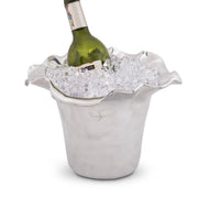 Carmel Ice Bucket in white with ruffled rim holding ice and a green wine bottle