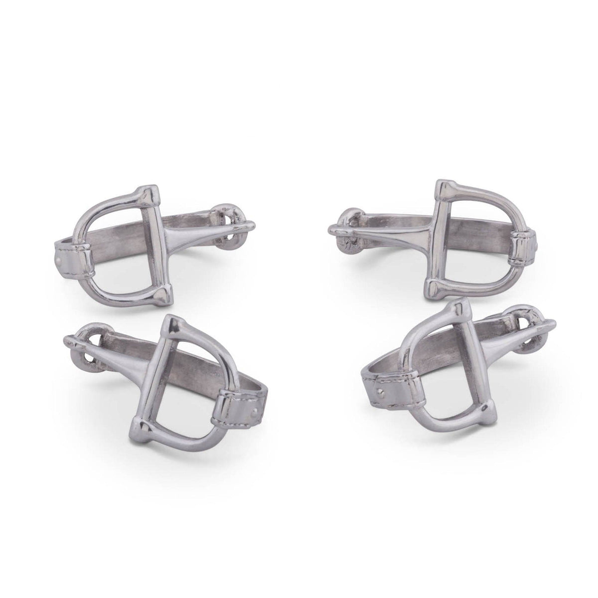 Bit Napkin Rings in brushed silver metal, shown as four-piece set from different angles