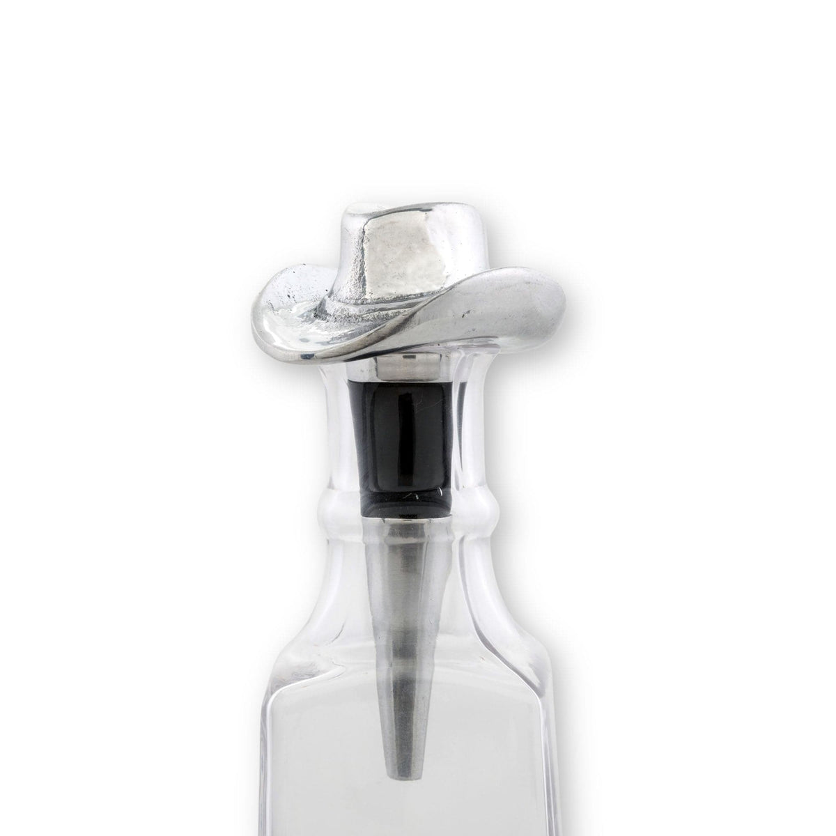 Cowboy Hat Bottle Stopper with silver finish and black cork insert in clear glass bottle