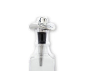 Cowboy Hat Bottle Stopper with silver metal crown and black rubber grip inserted in clear bottle