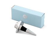Cowboy Hat Bottle Stopper with silver metal cone and black grip, displayed with light blue branded box.