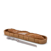 Baguette Board with Grape Bread Knife, three baked loaves in wooden holder with serrated knife beside it.