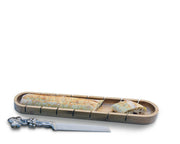 Baguette Board with Grape Bread Knife, wooden serving tray with sliced bread and decorative silver-handled serrated knife.