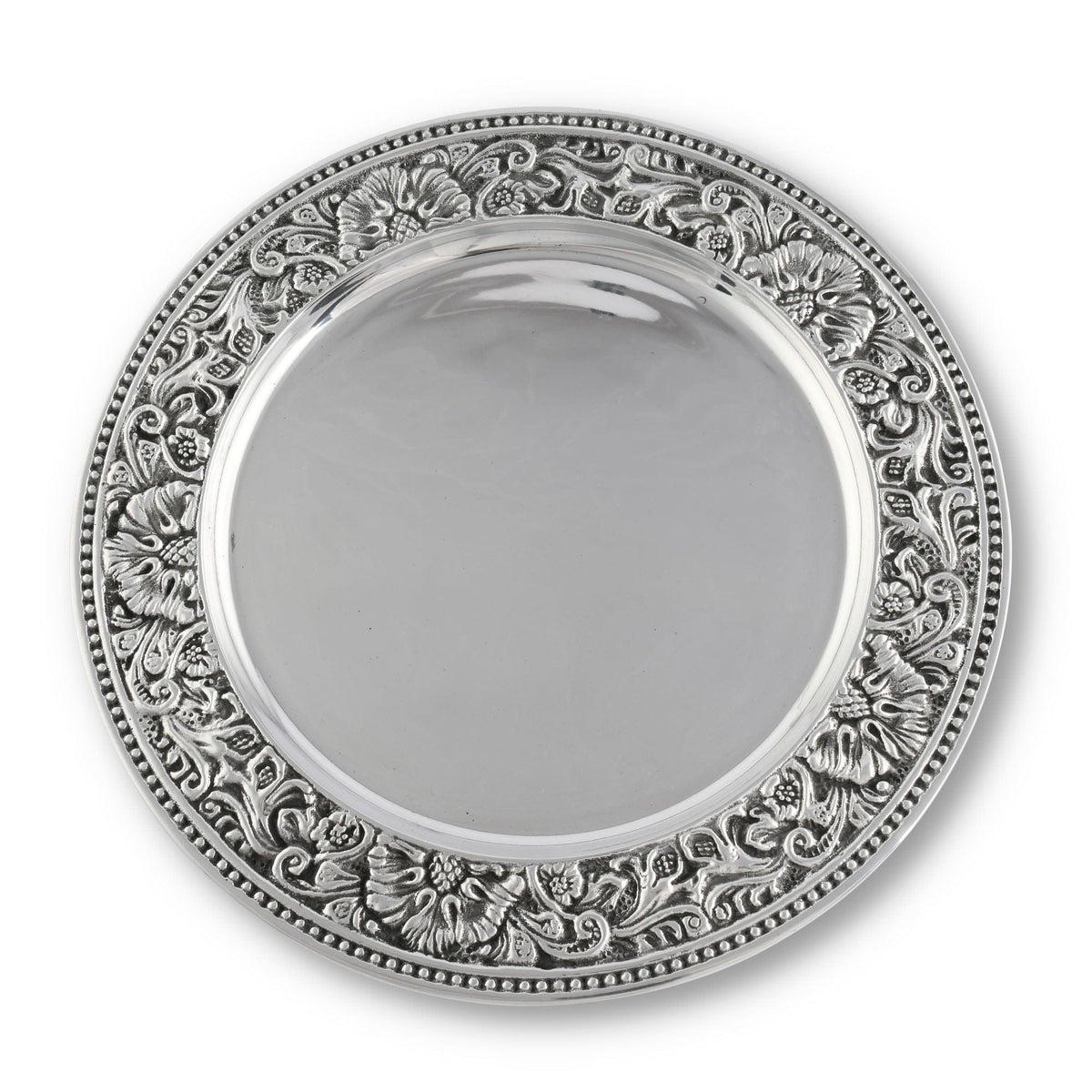 Charger Overplate Concho with ornate silver scrollwork border and polished center well