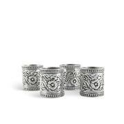 Concho Pattern Napkin Rings Set of 4, silver metal with engraved floral design and beaded edges