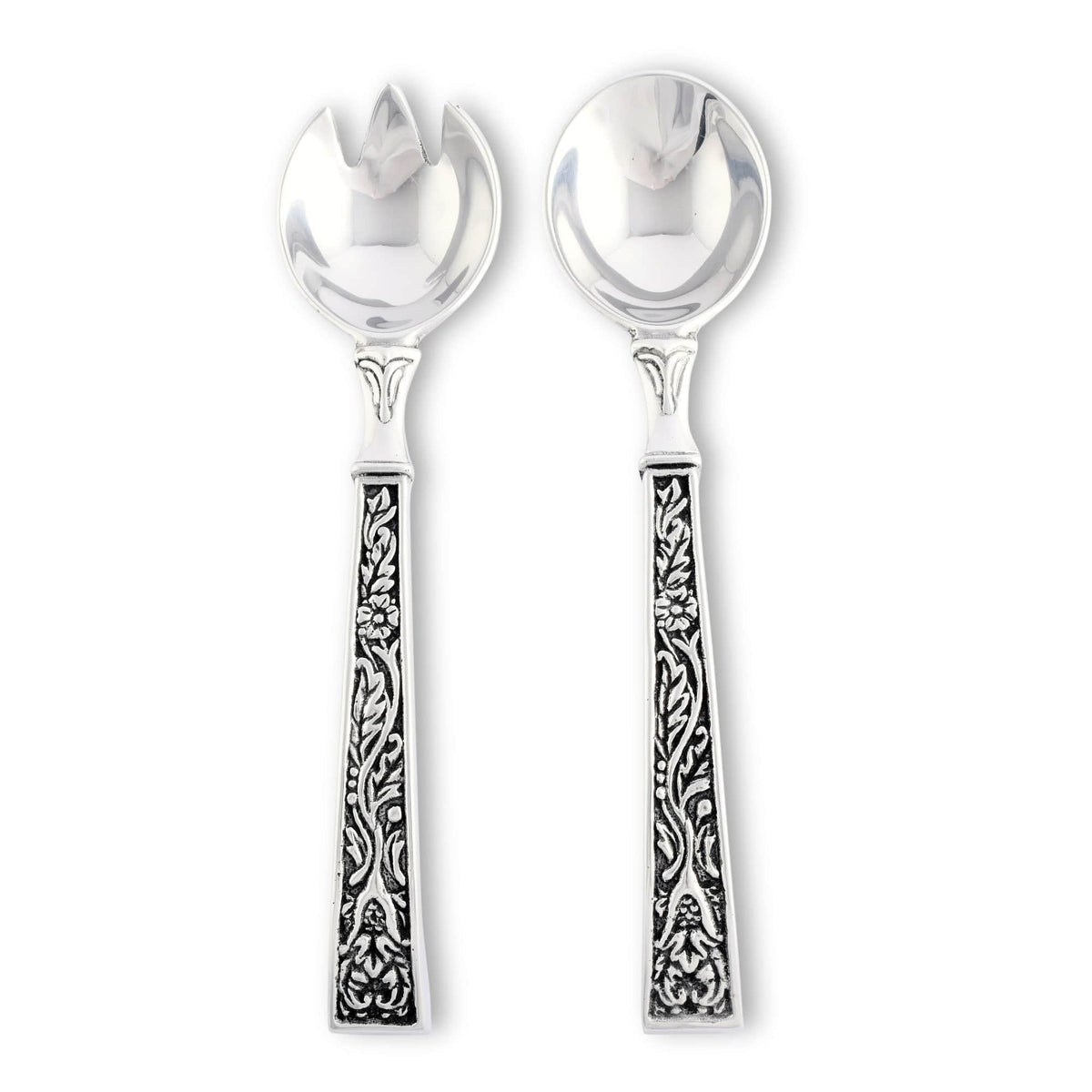 Concho Pattern Serving Set, two silver spoons with ornate black handles