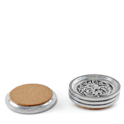 Concho Western Drink Coaster Set of 4, plain and ornate silver designs with cork backing shown open and closed.