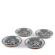 Concho Western Drink Coaster Set of 4 arranged in group view showing silver metallic finish and cork base.