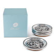 Concho Western Drink Coaster Set of 4 with light blue box and silver ornamental coasters with cork base