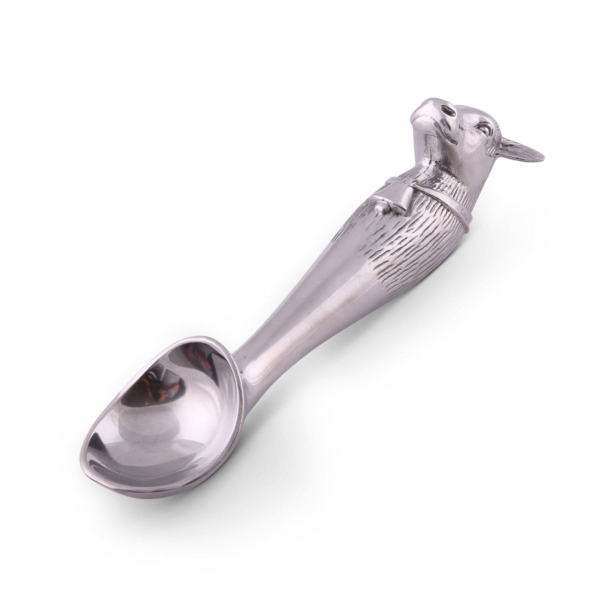 Cow Ice Cream Scoop, silver metal with animal head handle and rounded bowl, angled view