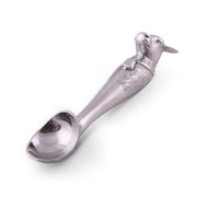 Cow Ice Cream Scoop, silver metal with animal head handle and rounded bowl, angled view
