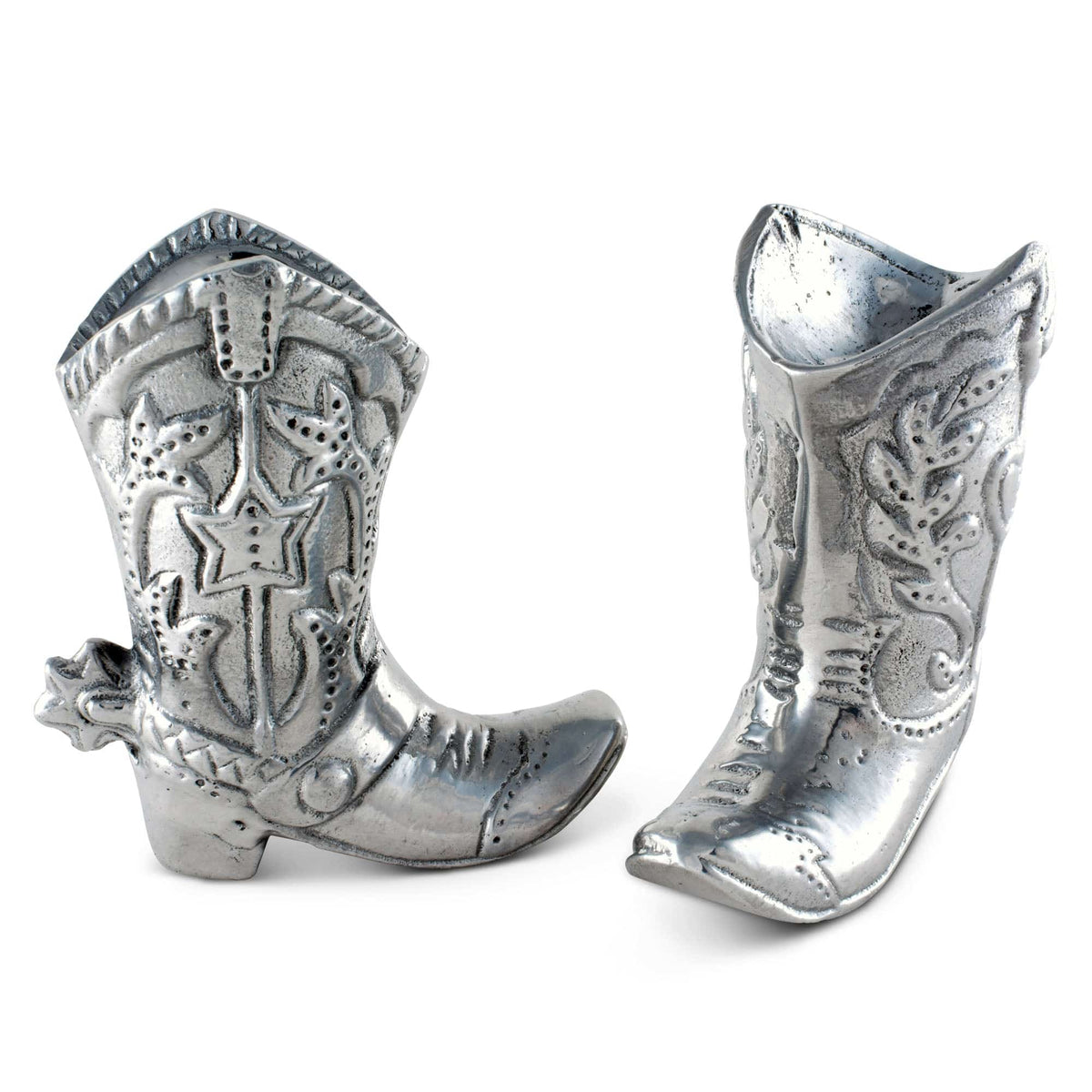 Cowboy Boot Salt and Pepper Set, silver metal pair shown from front and side angles displaying ornate detailing