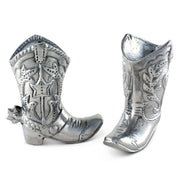 Cowboy Boot Salt and Pepper Set, silver metal pair shown from front and side angles displaying ornate detailing