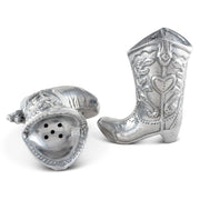 Cowboy Boot Salt and Pepper Set in silver metal with decorative heart and scrollwork details
