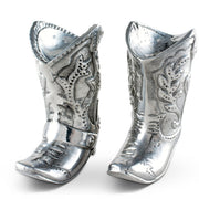 Cowboy Boot Salt and Pepper Set, silver metal boots with decorative western designs and spoon handles