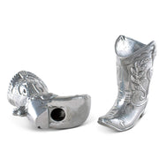 Cowboy Boot Salt and Pepper Set, silver metal vessels with ornate western designs
