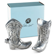 Cowboy Boot Salt and Pepper Set, silver metal decorative boots with ornate Western designs, displayed with light blue box.