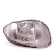 Cowboy Chip and Dip server, silver-tone with ornate band and heart-shaped center bowl, side view.