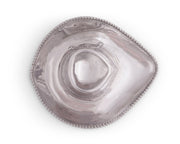 Cowboy Chip and Dip server, clear glass with beaded rim and central heart-shaped bowl.