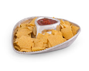 Cowboy Chip and Dip with tortilla chips arranged around heart-shaped salsa bowl in aluminum tray.