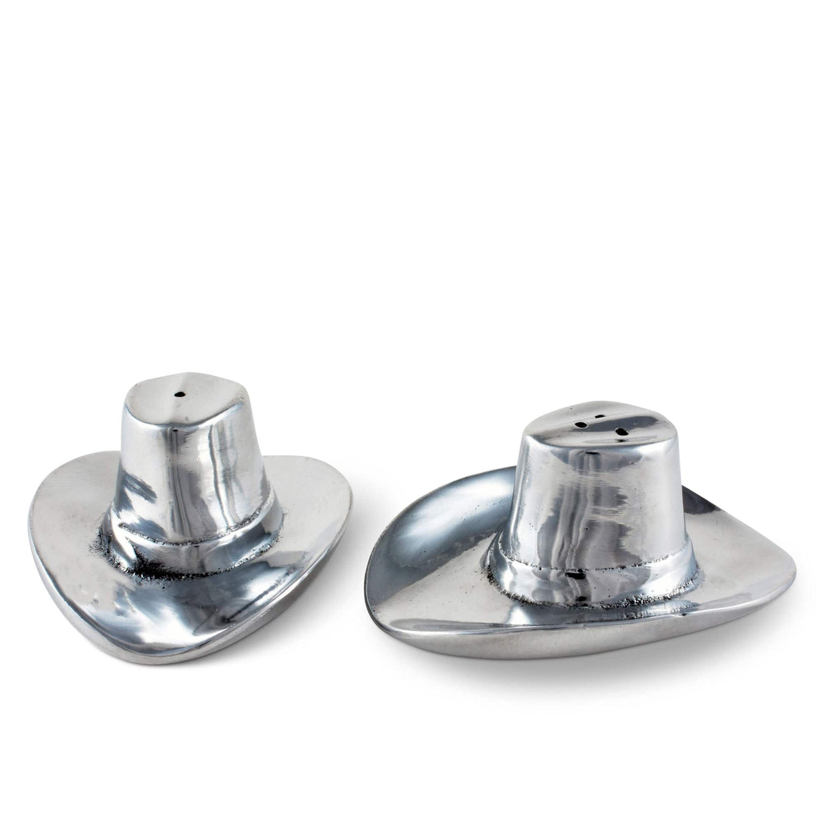 Cowboy Hat Salt and Pepper Set, two silver metal shakers with wide brim bases.
