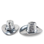 Cowboy Hat Salt and Pepper Set, two silver metal shakers with wide brim bases.