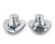 Cowboy Hat Salt and Pepper Set, silver metal shakers with wide brim base, pair shown from front view.