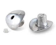 Cowboy Hat Salt and Pepper Set, silver metal shakers shown side view with small clear cap displayed.
