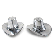 Cowboy Hat Salt and Pepper Set, silver metal shakers with wide brim bases, pair shown from above.
