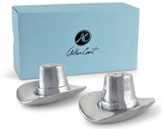 Cowboy Hat Salt and Pepper Set in silver with light blue branded box