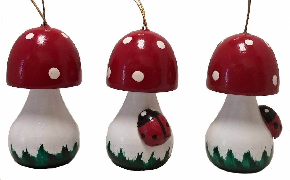 Red Mushroom with Ladybug German Wood Christmas Ornament Set
