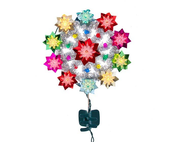 Vintage Inspired Lighted Poinsettia Tinsel Tree Topper