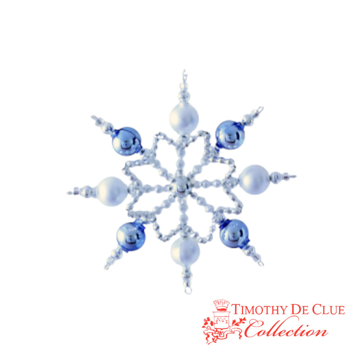 Blue Frost Twinkle beaded snowflake ornament with white and blue spheres on white background