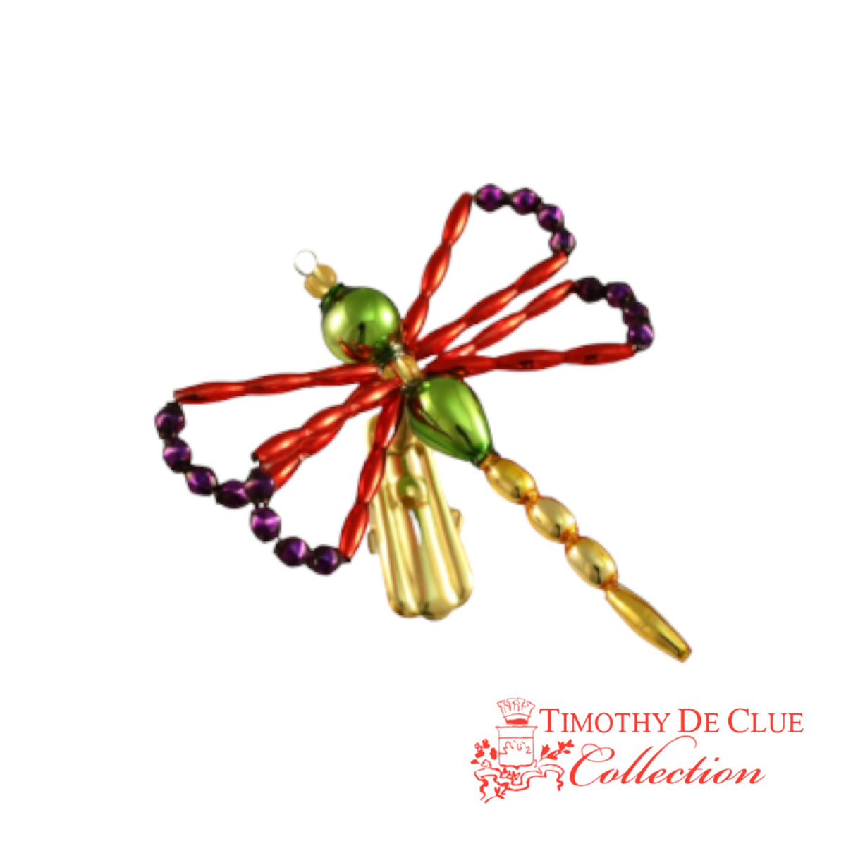 Dragonfly Rainbow De Clue Beaded Christmas ornament with red ribbon, green and gold beads, purple accents