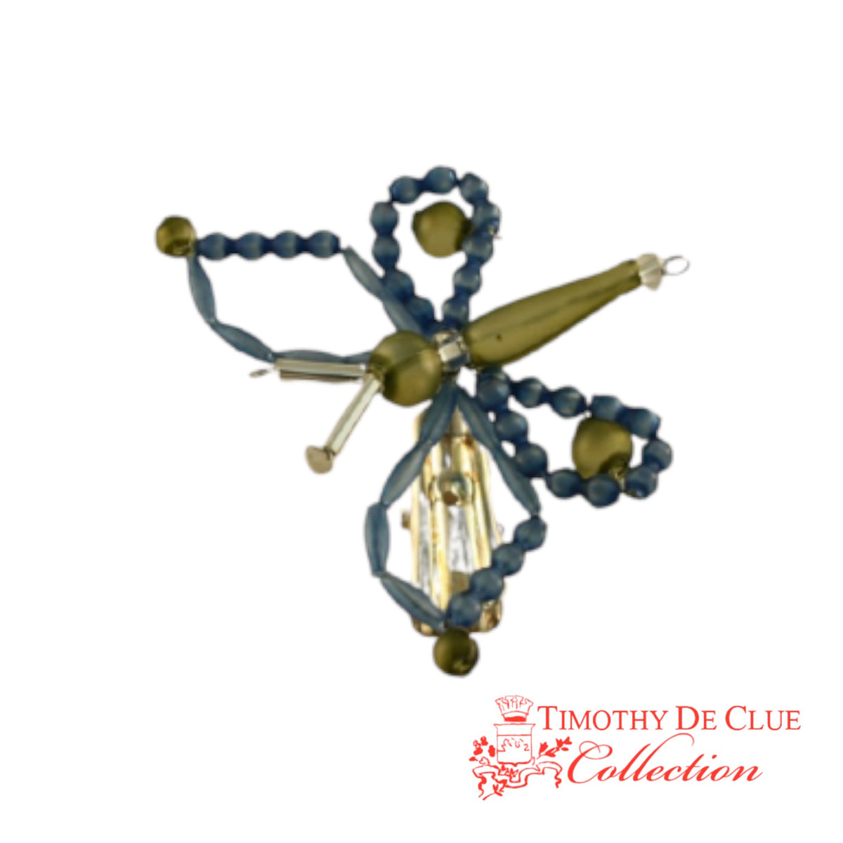 Butterfly Green beaded Christmas ornament with brass accents and ribbon loops