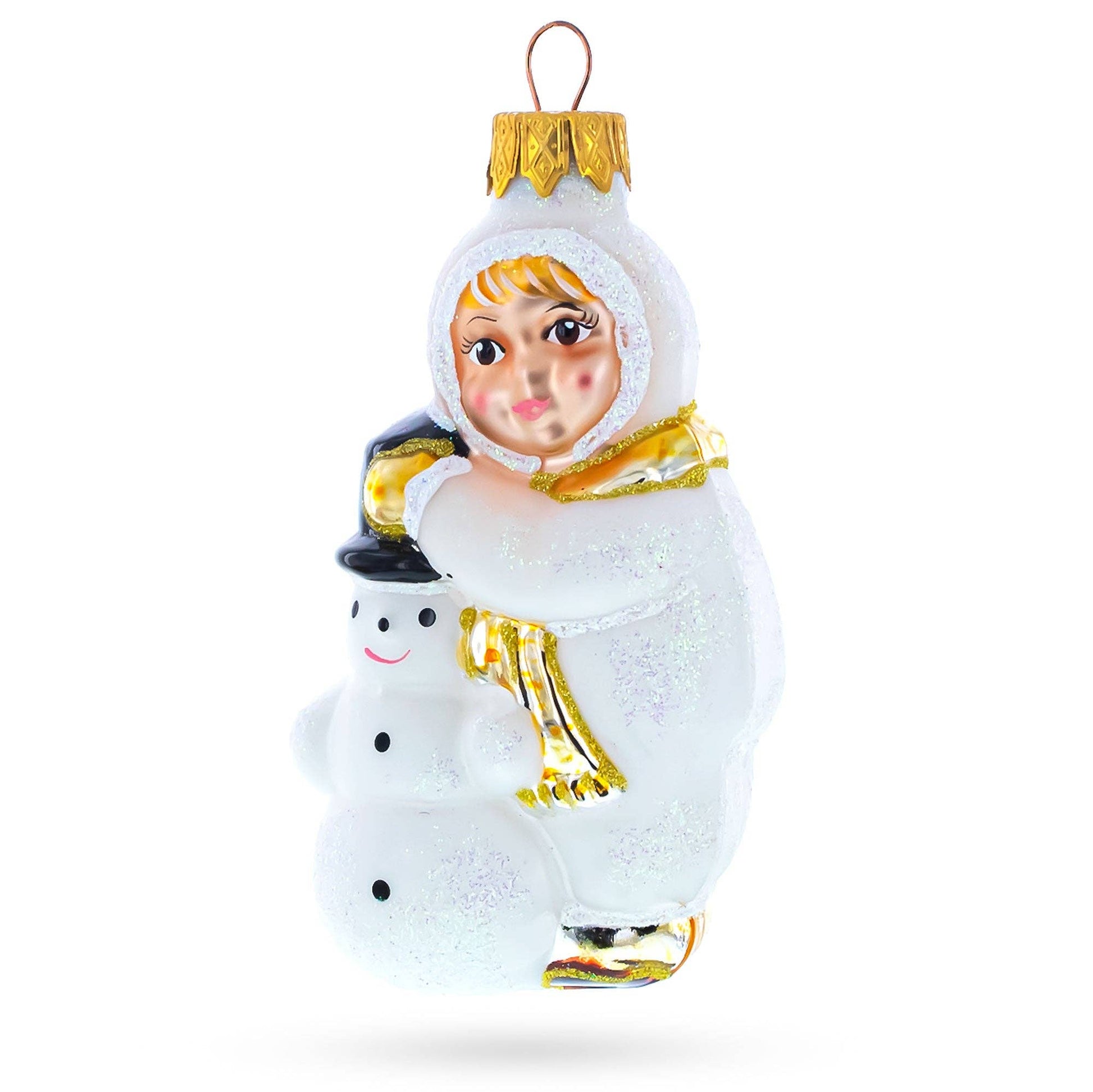 Child Hugging Snowman Glass Christmas Ornament