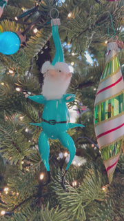 Free Blown Elf “Twinkle” Teal 6 in clip on Christmas Ornament