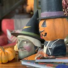 Spellbound Green Witch Candy Bucket | Fall Halloween Decor Vintage Inspired Paper Mache